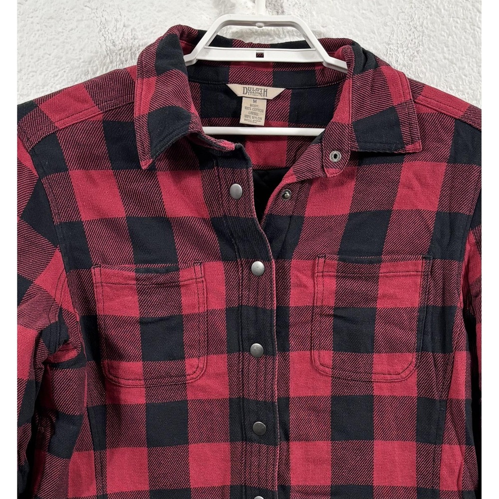 Duluth Trading Co Jacket Womens Medium Red Black Plaid Flannel Quilted‎ Shacket - Picture 2 of 6